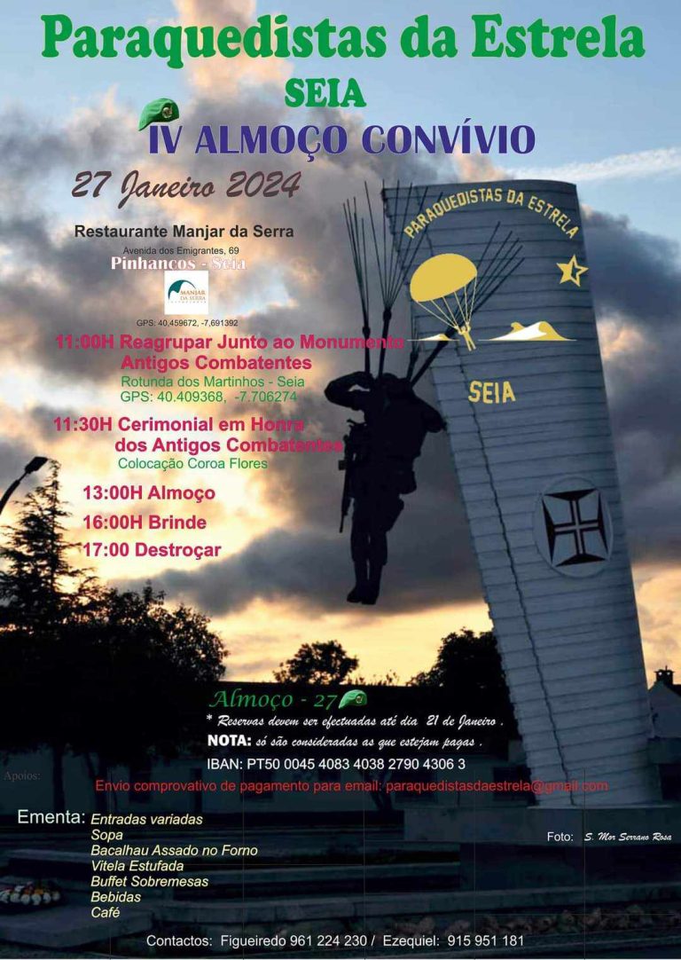Dia 27 de janeiro, os Paraquedistas da Estrela vão voltar a Reagrupar, organizando o seu IV Almoço Convívio.
